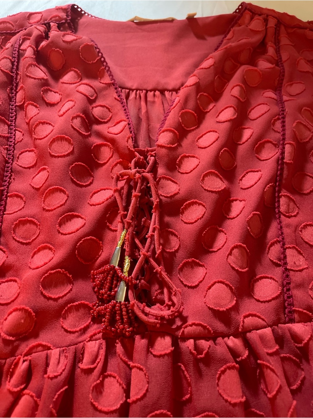 Soft Surroundings Red Swiss Dot Boho Blouse Tassel Tie Flowy Peasant Top Womens - Picture 9 of 14